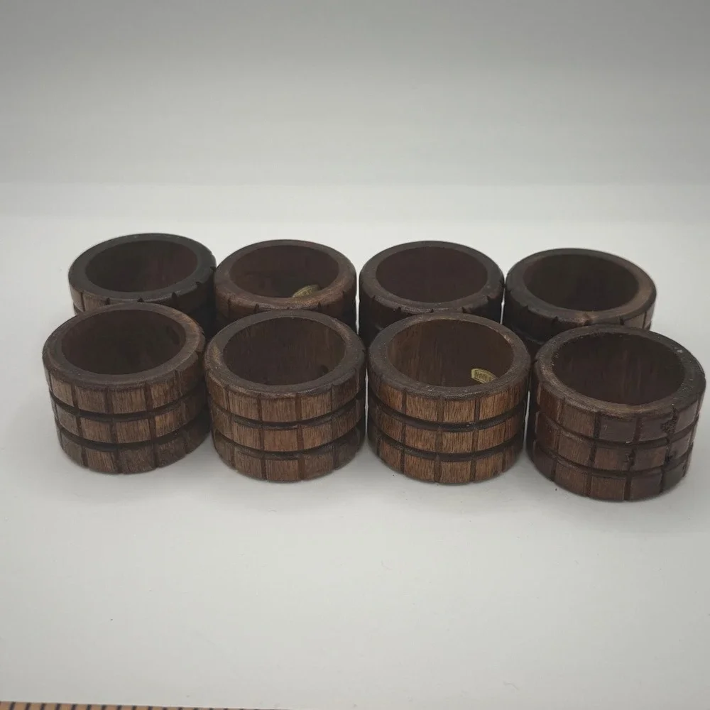 Vintage Dark Wood Napkin Rings Set of 8 Carved Grid Pattern Brown Rustic Decor